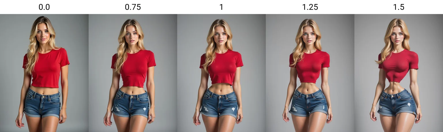 realistic photo of blonde woman, tiny waist, wearing a tight red t-shirt and jeans shorts, grey background