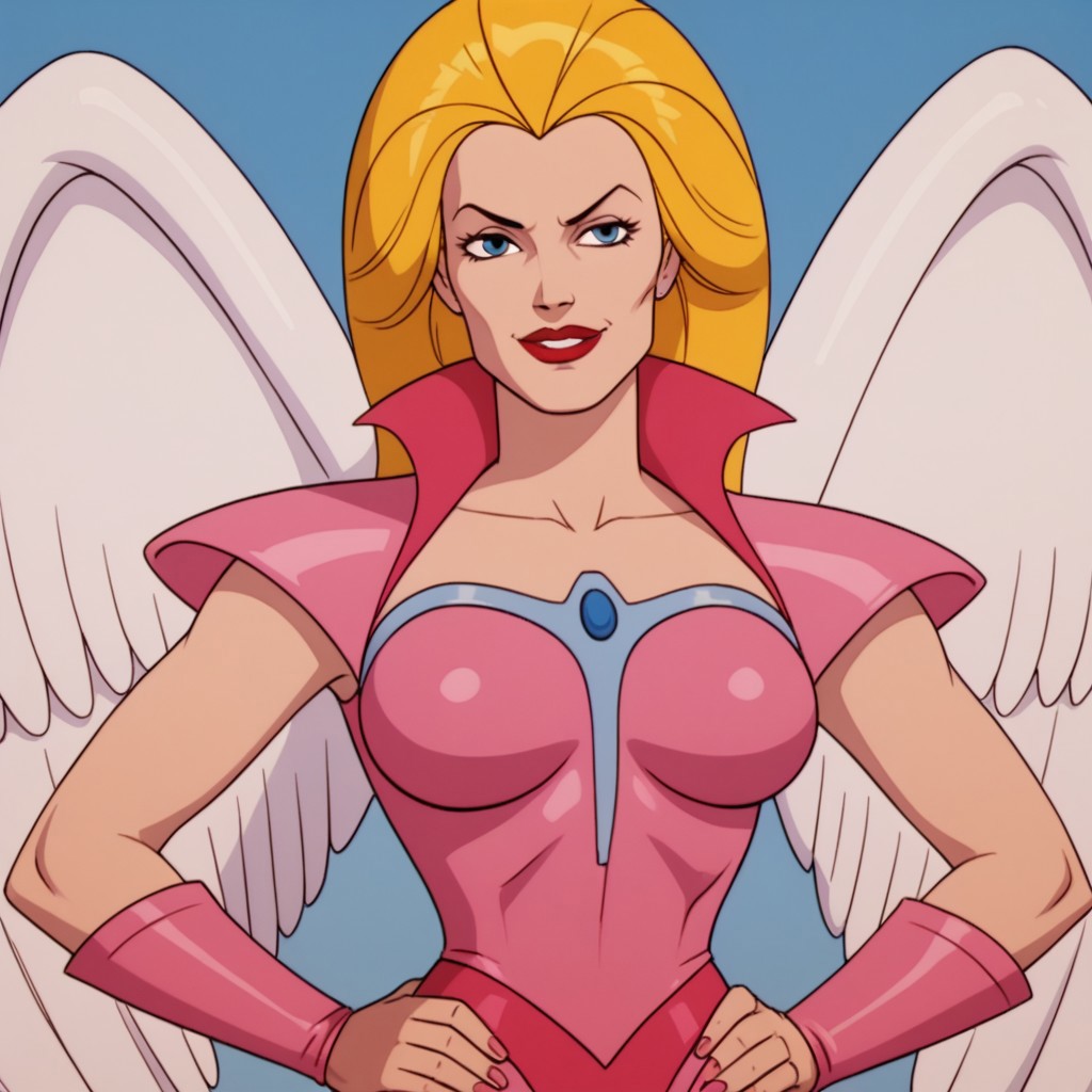 score_9, score_8_up, score_7, BREAK, queen_angella, blonde hair, wings, lipstick, leotard, hands on hips, smirk,