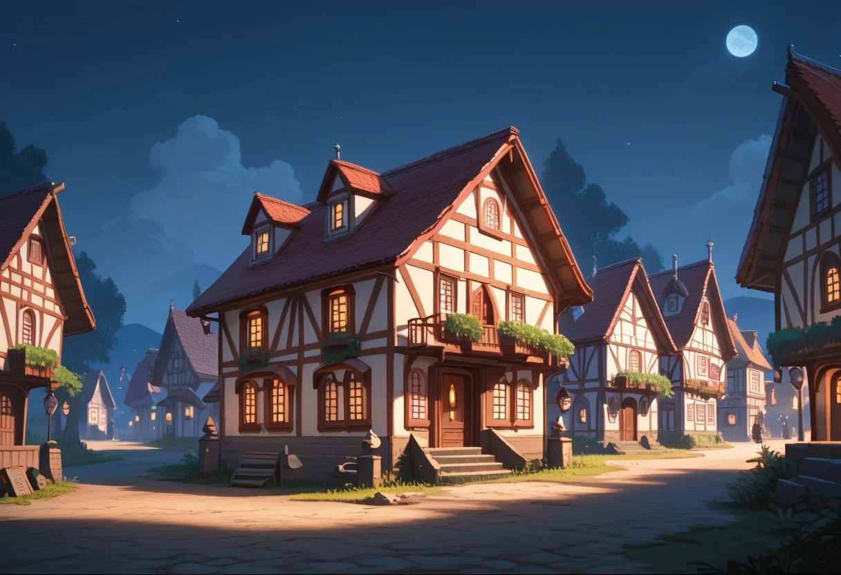 score_9, score_8_up, score_7,2077_Style mevicab, scenery, 2077_Style village, houses, townhouses, square, reddish night, two moons in the background