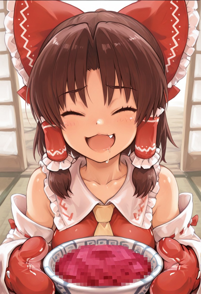 best quality, masterpiece, upper body,
1girl, benikurage \(cookie\), hakurei reimu,
red mittens, open mouth, drooling, fang,
smile, raised eyebrows, closed eyes, 
bowl, censored, (censored food:1.2), mosaic censoring,