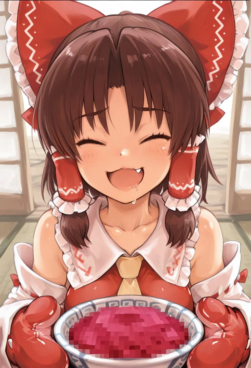 best quality, masterpiece, upper body,
1girl, benikurage \(cookie\), hakurei reimu,
red mittens, open mouth, drooling, fang,
smile, raised eyebrows, closed eyes, 
bowl, censored, (censored food:1.2), mosaic censoring,