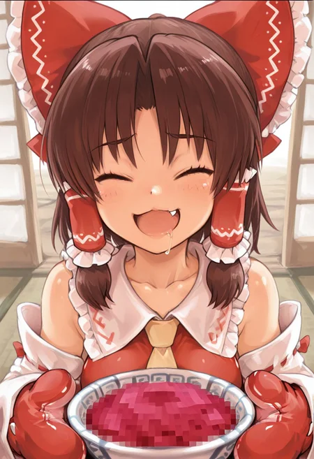 best quality, masterpiece, upper body,
1girl, benikurage \(cookie\), hakurei reimu,
red mittens, open mouth, drooling, fang,
smile, raised eyebrows, closed eyes,
bowl, censored, (censored food:1.2), mosaic censoring,