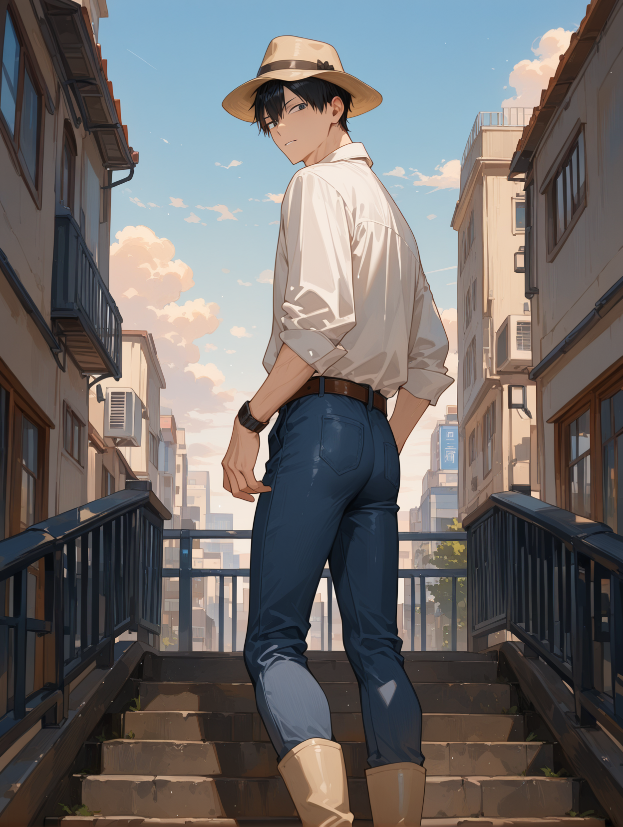 KageyamaTobioCYQL,<lora:KageyamaTobioCYQL:1>,1boy,male focus,solo,black hair,black eyes,Linen button-up shirt, Slim-fit jeans, Suede desert boots, Woven belt, Fedora hat, Leather bracelet,frustrated,looking_back,
BREAK
scenery,cloud,outdoors,building,sky,cloudysky,cityscape,city,stairs,airconditioner,railing,day,window,skyscraper,bluesky,,
BREAK
<lora:spo_sdxl_10ep_4k-data_lora_webui:0.5>,<lora:illustrious_all_rated_v1:0.6>,<lora:748cmSDXL:0.8>,748cmstyle,<lora:DarkerThanBlackIllustrious:0.5>,<lora:EtherSDXL:0.5>,EtherStyle,
perfect quality,high quality,masterpiece,best quality,amazing quality,very aesthetic,absurdres,newest,