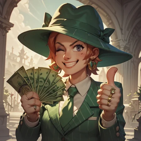score_9, score_8_up, score_8. score_9, score_8_up, score_7_up, masterpiece, 4k, high quality, (best quality:1.1),anime, semi realistic, thumbs up, one eye closed, grin, smile, money, holding money, portrait, need_buzz, holding sign, gangstersb, ring, formal, hat, green headwear, necktie, suit, striped, looking at viewer