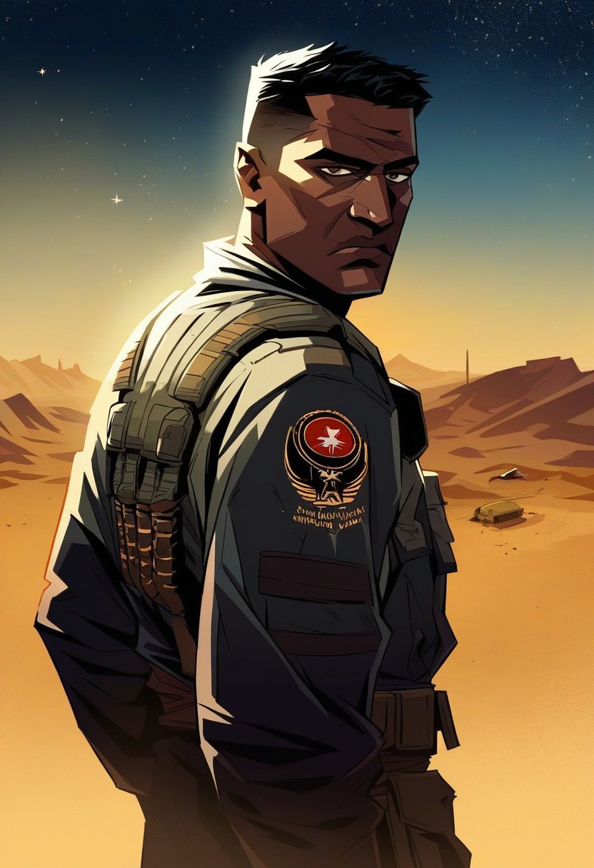 score_9, score_8_up, score_7_up, score_6_up, 1boy, cowboy shot, futuristic Arab soldier, helmet, brown eyes, masculine, strong body, tired eyes, scifi soldier uniform, dark skin,
determined look on face,
looking back,
looking at viewer,
eye contact, 
expressive,
outside, starry night sky,
black linework, black hair, desert,
