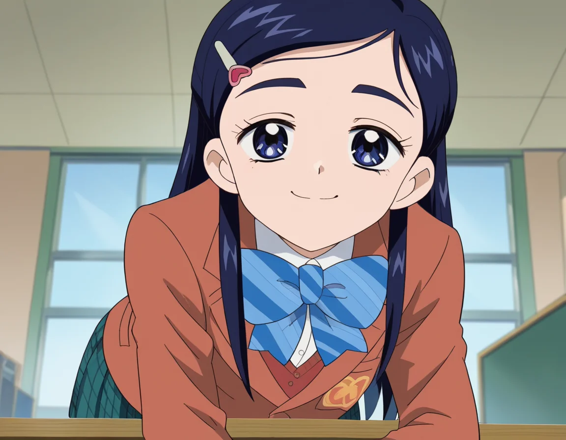 score_9, score_8_up, score_7_up, source_anime, <lora:honoka-yukishiro-anime-ponyxl-lora-nochekaiser:1>, honoka yukishiro, long hair, blue eyes, hair ornament, blue hair, hairclip,, skirt, bow, school uniform, jacket, bowtie, blue bow, blazer, brown jacket, plaid, plaid skirt, green skirt, red blazer,, indoors, bent over, smile, smug, looking at viewer, solo,, cowboy shot, dutch angle