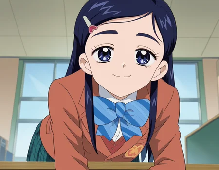 score_9, score_8_up, score_7_up, source_anime, <lora:honoka-yukishiro-anime-ponyxl-lora-nochekaiser:1>, honoka yukishiro, long hair, blue eyes, hair ornament, blue hair, hairclip,, skirt, bow, school uniform, jacket, bowtie, blue bow, blazer, brown jacket, plaid, plaid skirt, green skirt, red blazer,, indoors, bent over, smile, smug, looking at viewer, solo,, cowboy shot, dutch angle