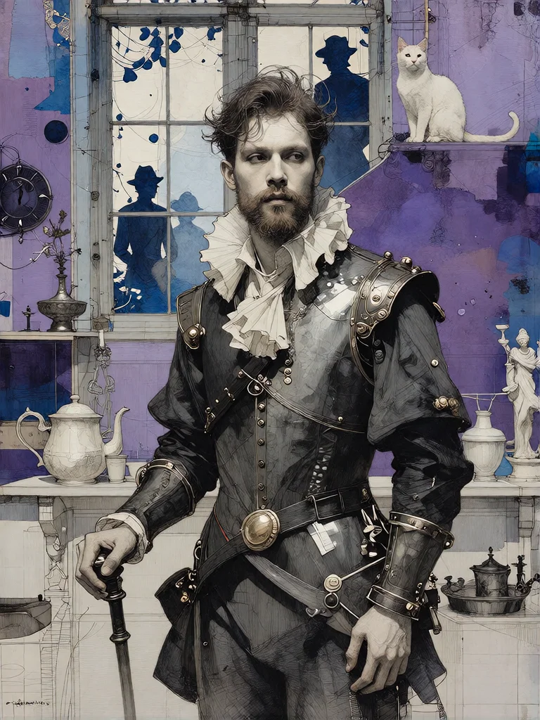 Bradhamel art style. A detailed black-and-white ink illustration of a bearded man in elaborate 16th-century attire with a large ruffled collar and ornate armor, standing indoors against a backdrop of deep purple and blue textured walls; behind him, a tall window with multiple panes shows silhouettes of figures and a white cat perched on the sill, while shelves below hold decorative objects including a teapot, glassware, and a small statue; the man gazes directly at the viewer with a serious expression, his hand resting near a cane, rendered with fine linework and cross-hatching for depth and texture, evoking a historical portrait with a surreal, painterly atmosphere.