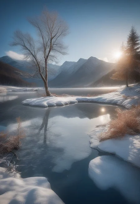 Winter scenery, winter lake, quiet lake,  tree on the shore of a lake,  beautiful lake reflecting beautiful mountains, dappled sunlight, diamond dust, sunlight,  blue sky, day, beautiful view, mysterious glow, beautiful clouds, depth of field, masterpiece, best quality, 8k, ultra-detailed, very aesthetic, superb composition, finest details, intricate details, absurdres, high contrast,
