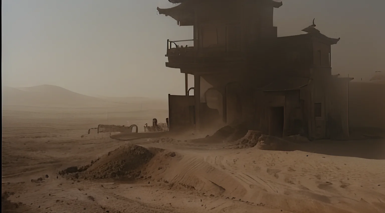 masterpiece, extremely high detail digital RAW color painting of building in desert, fire,sand,frame, house, coat, art by Dragon Inn-18500, <lora:epiNoiseoffset_v2:1.5>