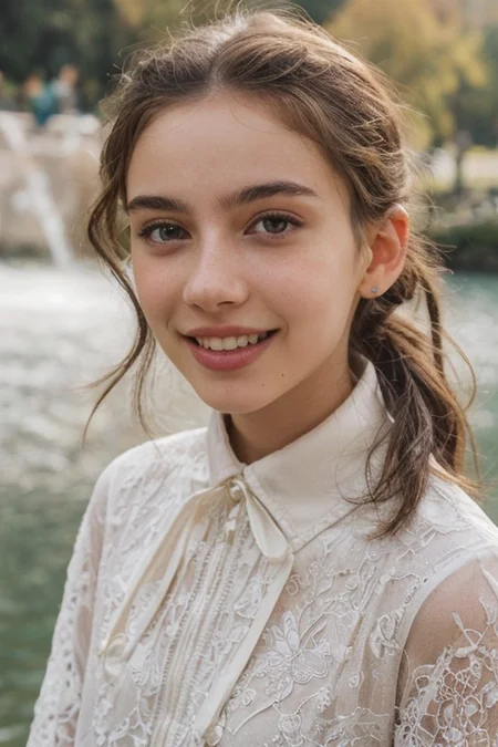 an extremely delicate and beautiful 18yo German girl, young,  raven black hair caught in a bun, golden hairnet with pearls, lightly disheveled hair, strolling through the Englischer Garten in Munich, perky breasts, nipple-piercing, seductive smile, looking sideways at viewer, happy, pigtails, freckles, (natural detailed skin texture:1.1), (moles, abs:0.7), playful, happy, head tilted sideways, perfect white teeth, (white teeth),soft, volumetric light, extremely detailed, intricate detailed steampunk brown leather and green dress, white lace blouse, covered nipples,  with underbust corset laced with golden straps, deep cleavage, subsurface scattering, pokies, covered nipples, remarkable color, ultra realistic, textured skin, remarkable detailed pupils, realistic dull skin noise, visible skin detail, skin fuzz, dry skin, bokeh, sharp focus on subject, (extremely detailed face, beautiful eyes, detailed eyes, symmetric eyes, seductive eyes, slim face:1.3),