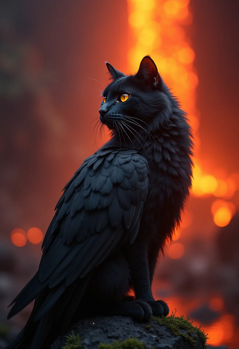 real cinematic a biggest cat-bird against a background of lava-waterfall, atmospheric, dark fantasy, photorealism, professional photo, hyperrealism, high resolution, high detail, many details, colorful, rmx-v7, 16k, UHD, HDR, 30mm lens, 1/250s, f/2.8, ISO 100