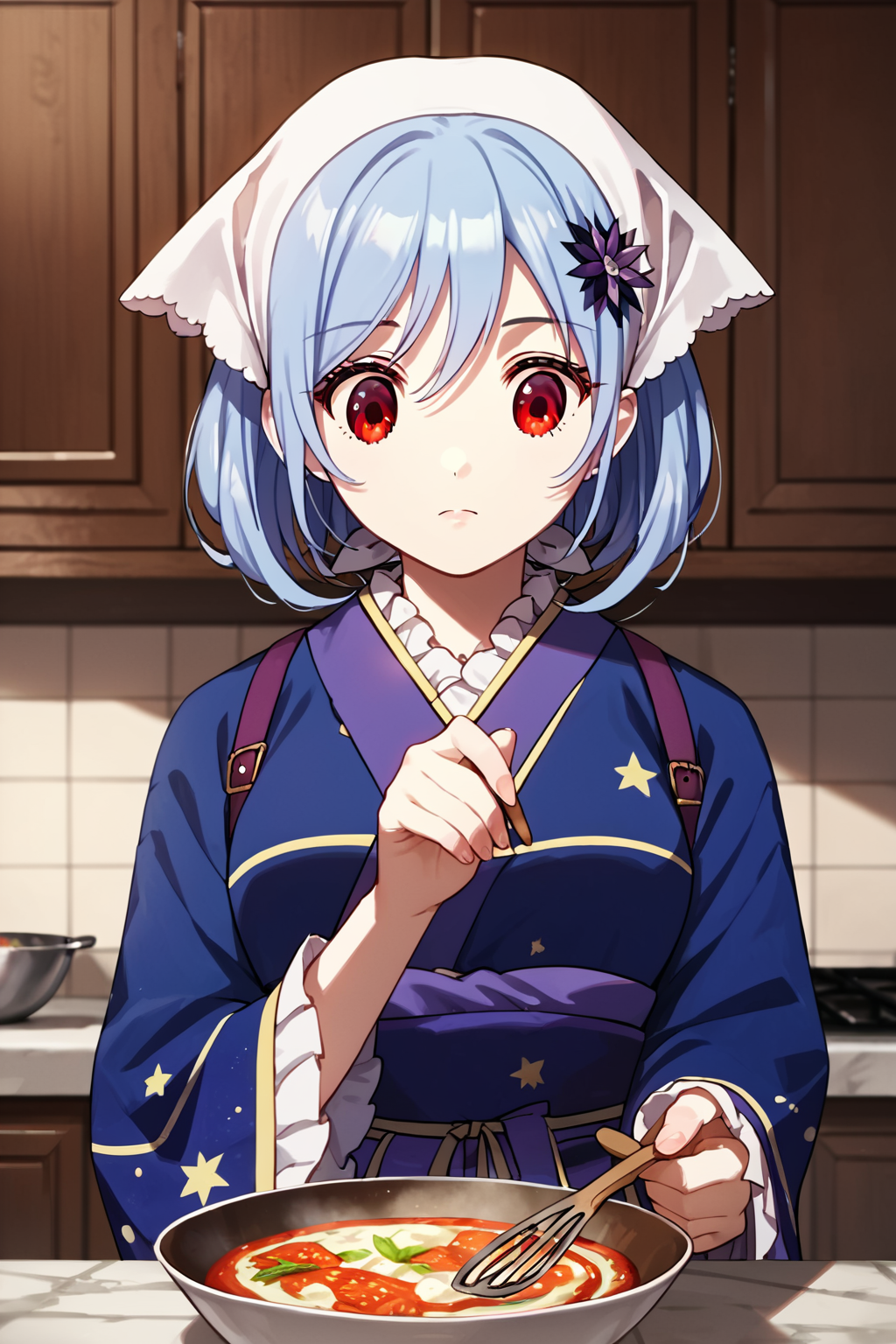score_9, score_8_up, score_7_up, score_6_up, rating_safe, source_anime, best quality, masterpiece, detailed background, detailed eyes, kitchen, making curry, cooking, <lora:houkiboshi-xl-02:1>, houkiboshi, starry dress, white bandana, medium breasts, full breasts, looking down, focused, red eyes, light blue hair,