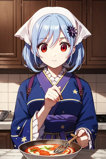 score_9, score_8_up, score_7_up, score_6_up, rating_safe, source_anime, best quality, masterpiece, detailed background, detailed eyes, kitchen, making curry, cooking, <lora:houkiboshi-xl-02:1>, houkiboshi, starry dress, white bandana, medium breasts, full breasts, looking down, focused, red eyes, light blue hair,