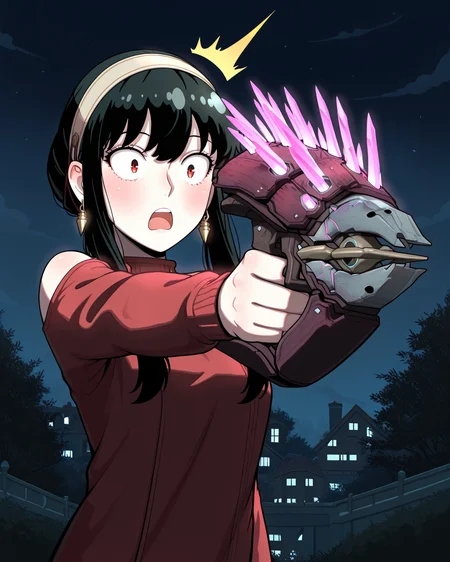 masterpiece, best quality, amazing quality, very aesthetic, absurdres, newest, needler_\(weapon\), crystals, yor_briar_\(spy x family\), needler_\(weapon\), crystals, 1girl, aiming, solo, ((surprised)), outdoors, night, red sweater,<lora:needler.safetensors:1.0:1.0>