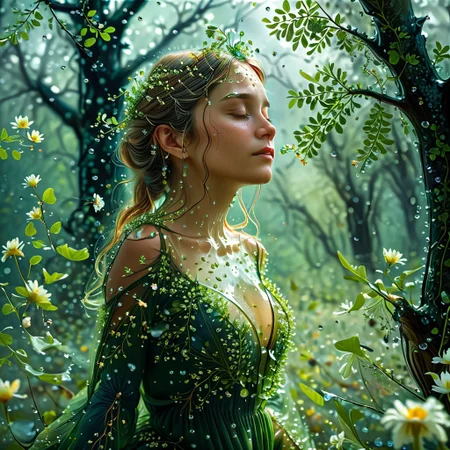 epiCRealism, (masterpiece, extremely detailed, highest quality),the queen of the forest is the most beautiful creature in the woods, cute, sensual, wears a see through dress made of tiny leaves, light, carefree, smile and happy, levitating just over the flowers in her glade among old oaks and willows, her hair flots behind her long and green full of small flowers, it is springtime and a storm has just finished leaving trillions of drops and the air is full of birds, bees, insects and a myriad of small seeds, the Sun shines glorious among the heavy stormy clouds sending its rays down to the glade like columns of light