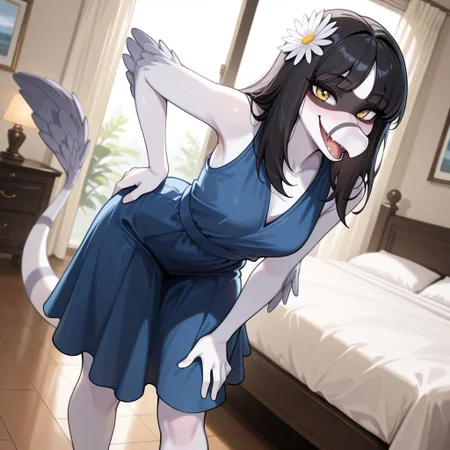 1girl, highres, absurdres, newest, masterpiece, best quality, furry, furry_female, Lunara_iwhtg, bambiraptor, double gray striped snout, black mask eye marking, black hair, white flower hair ornament, feathered arms, snout, long snout, white skin, tail, feathered tail tip, gray striped tail, yellow eyes, (blue dress, sleeveless blue dress:1.2), black high heels, anthro, detailed eyes, (standing, hand on hip), open_mouth, open mouth smile, luxurious detailed room, bright room, day scene, professional lighting, white bed, solo, bedroom, smiling, seductive, looking_at_viewer, masterpiece, close up, safe
