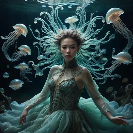 long mid shot portrait photography of an ethereal warrior, (glowing runes: 1.1), fairytale aesthetic. light green sheme, Photorealistic, intricate details, realism, sfw, ultrasharp,photography, floating, dress, water, under water, jellyfish, haute couture, tentacles, bioluminescence
