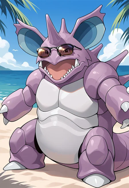 (source_anime, score_9, score_8_up, score_7_up:1), solo male, nidoking, feral, looking at viewer, sunglasses, outdoors, beach