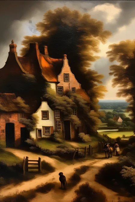 <lora:Salomon van Ruysdael Style:1>Salomon van Ruysdael Style - picturesque English countryside artistic, atmospheric, fine brushwork, impasto, detailed oil paint, Rembrandt, Da Vinci, Caravaggio, Vermeer, in the style of an Old Master oil painting