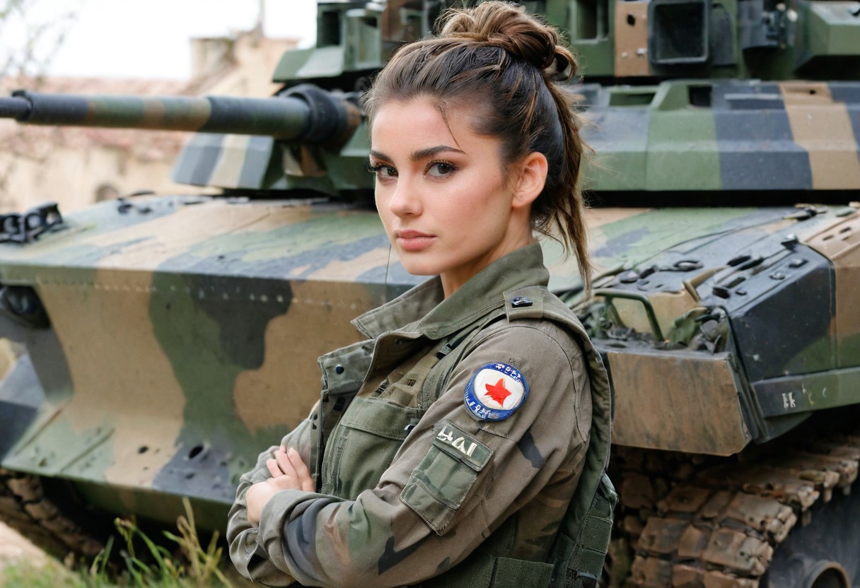 French, french badge, female soldier, brunette, messy bun, camo military fatigues, camo military fatigues, outdoor, barracks, main battle tank LECLERC, loving gaze