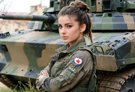 French, french badge, female soldier, brunette, messy bun, camo military fatigues, camo military fatigues, outdoor, barracks, main battle tank LECLERC, loving gaze