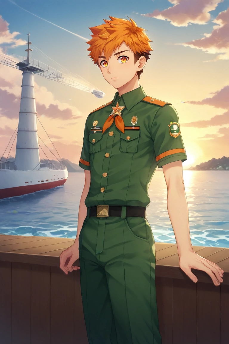 score_9, score_8_up, score_7_up, , rating_safe, , semi-realistic, looking at viewer, depth of field, 1boy, solo, male focus, <lora:hiro_akiba_pony:0.8>, hiro_akiba, orange hair, orange eyes, short hair, multicolored hair, brown hair, uniform, sky port, airship docks, cloud sea, loading areas, watching ships, curious expression, sunset, irish costume, <lora:sdxl_lightning_8step_lora:1>