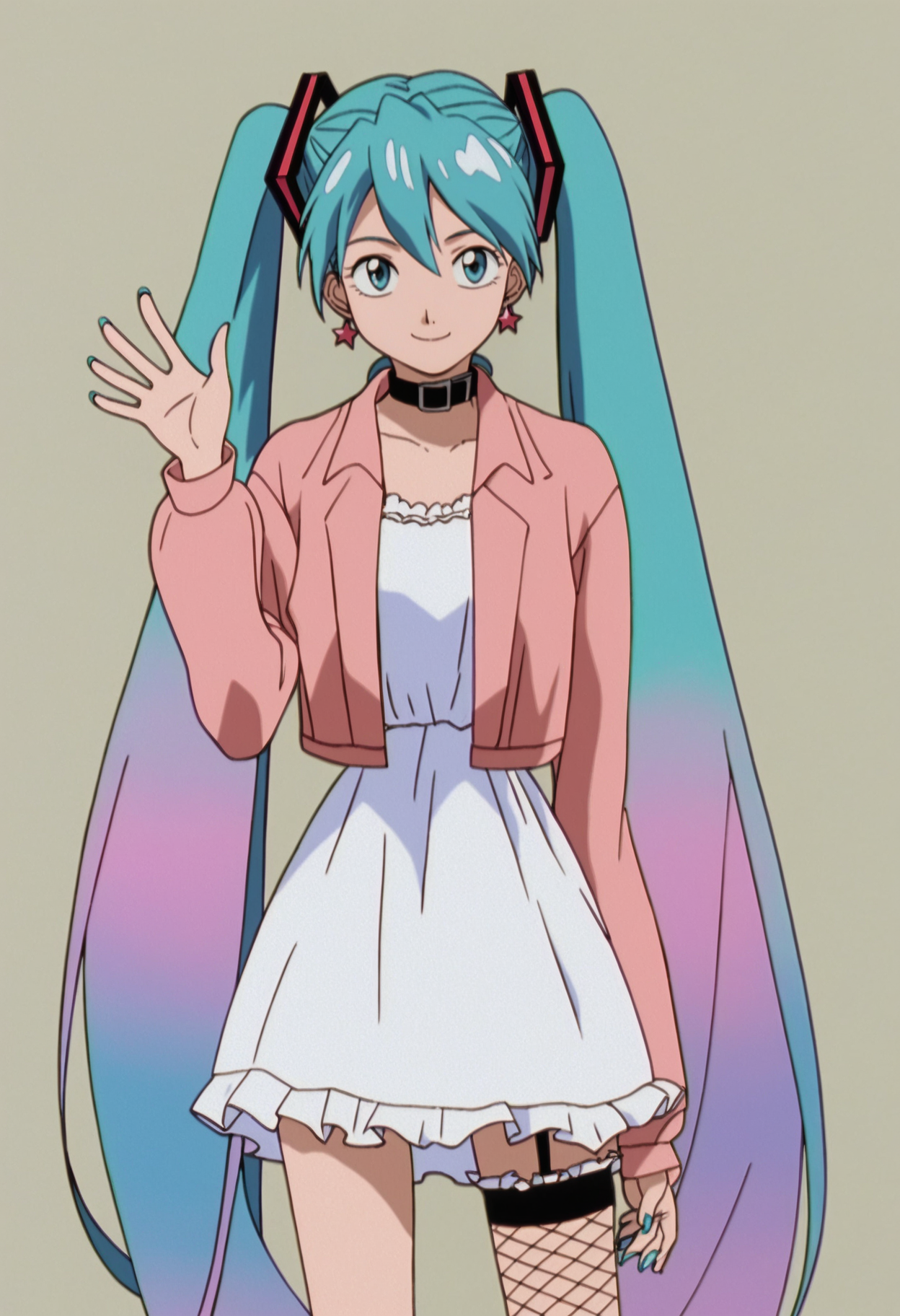 score_9, score_8_up, score_7_up, anime screencap BREAK,
1girl, hatsune miku, blue eyes, blue hair, bow,collar, dress, earrings, fishnets, frills, garter straps, gradient hair, hairclip, jacket, jewelry, long hair, looking at viewer, nail polish, pastel colors, single thighhigh, smile, solo, thighhighs, twintails, very long hair, waving, white dress, cowboy shot, simple background , sksgw, retro artstyle    <lora:GundamWingXLLocon_byKonan:1>