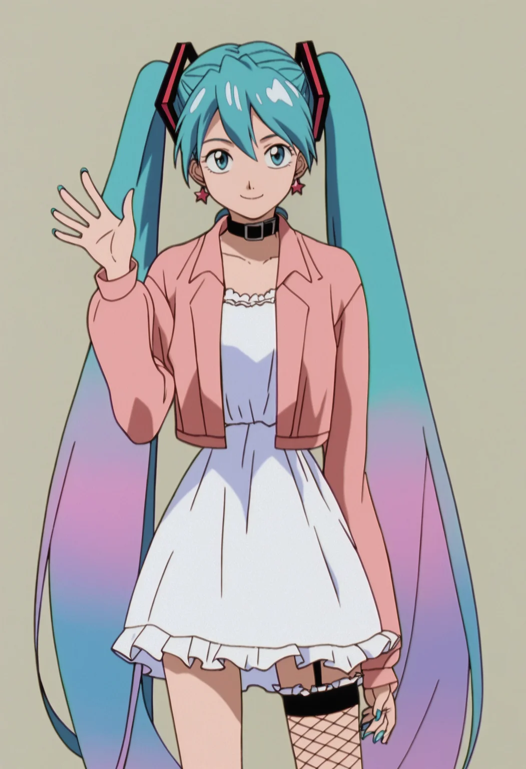 score_9, score_8_up, score_7_up, anime screencap BREAK,
1girl, hatsune miku, blue eyes, blue hair, bow,collar, dress, earrings, fishnets, frills, garter straps, gradient hair, hairclip, jacket, jewelry, long hair, looking at viewer, nail polish, pastel colors, single thighhigh, smile, solo, thighhighs, twintails, very long hair, waving, white dress, cowboy shot, simple background , sksgw, retro artstyle <lora:GundamWingXLLocon_byKonan:1>