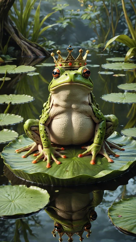 A frog wearing a crown and sitting on a makeshift throne of lily pads, with the caption: "When you're the ruler of the pond and it's time to dispense some royal decrees." Absurdres, ultra realistic, professional lightning
many details, extreme detailed, full of details, Wide range of colors.,