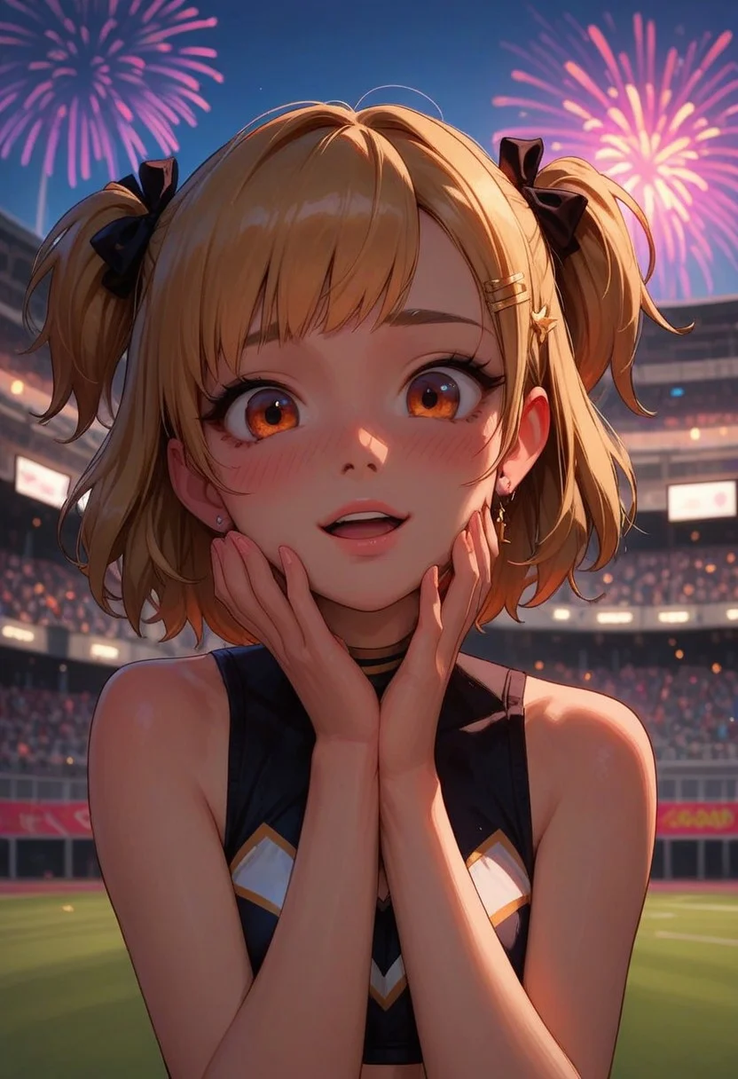 score_9, score_8_up, score_7_up, score_6_up,
1girl, 25 years old, perfect face, cute, petite,
orange eyes,
blonde hair, short hair, two side up, hair ornament,
cheerleader, black tube top,
stadium, fireworks,
blush, excited, portrait, face focus, depth of field,
looking at viewer,