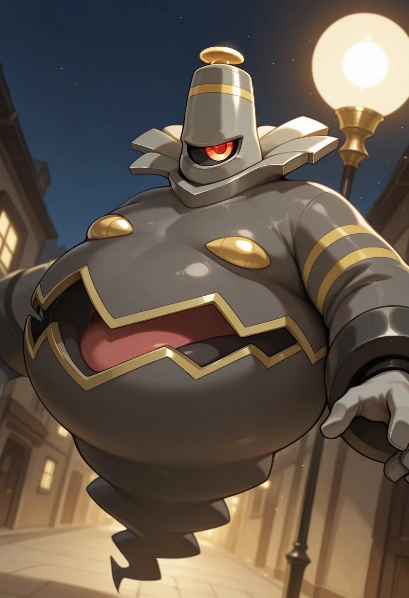 <lora:Dusknoir_Pokemon:1>, 1boy, solo, night time, outside, dim lighting BREAK Dusknoir_Char, one eye, black sclera, red eye, overweight, belly mouth, floating, looking at viewer