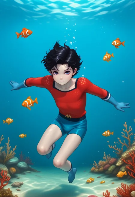 Underwater, fish, bubbles, 1boy, solo, cute boy, floating underwater, fully submerged, Aqualad, Black Hair, Purple eyes, Year One, Grey Skin, Pointy Ears, red shirt, blue gloves, blue speedo, blue shorts,