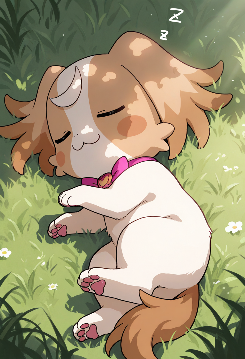best quality, masterpiece, very aesthetic, dogkomugi, no humans, solo, :3, bowtie, dog, bow, furry, feral, grass, laying, closed eyes, sleeping,
