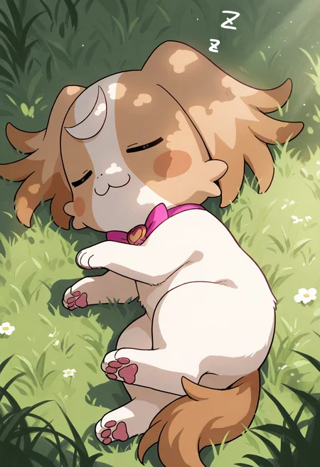 best quality, masterpiece, very aesthetic, dogkomugi, no humans, solo, :3, bowtie, dog, bow, furry, feral, grass, laying, closed eyes, sleeping,