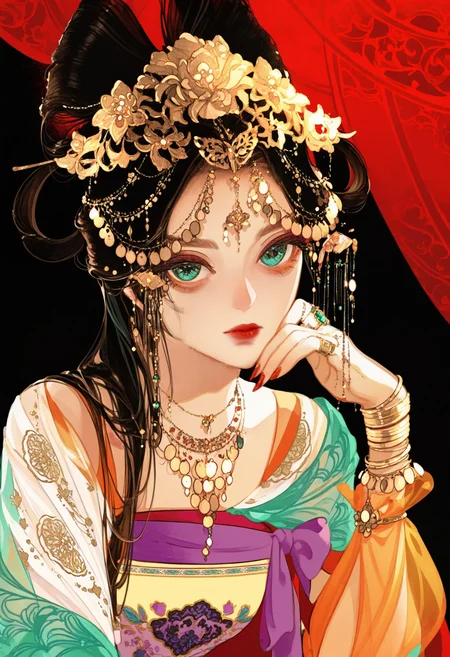 jewelry, 1girl, solo, see-through sleeves, hair ornament, red lips, long hair, makeup, hanfu, upper body, bracelet, looking at viewer, closed mouth, necklace, chinese clothes, ring, purple bow, long sleeves, lipstick, shawl, eyeshadow, see-through, eyelashes, flower,green eyes, nail polish, brown hair, bow, red nails, black hair, fingernails, hand on own face, black background, hair rings, aqua eyes, curtains, floral print, gold bracelet, expressionless, puffy sleeves, multiple rings, gold, BREAK,highres,absurdres,masterpiece,newest,best quality,Visual impact,very awa,very aesthetic,amazing quality