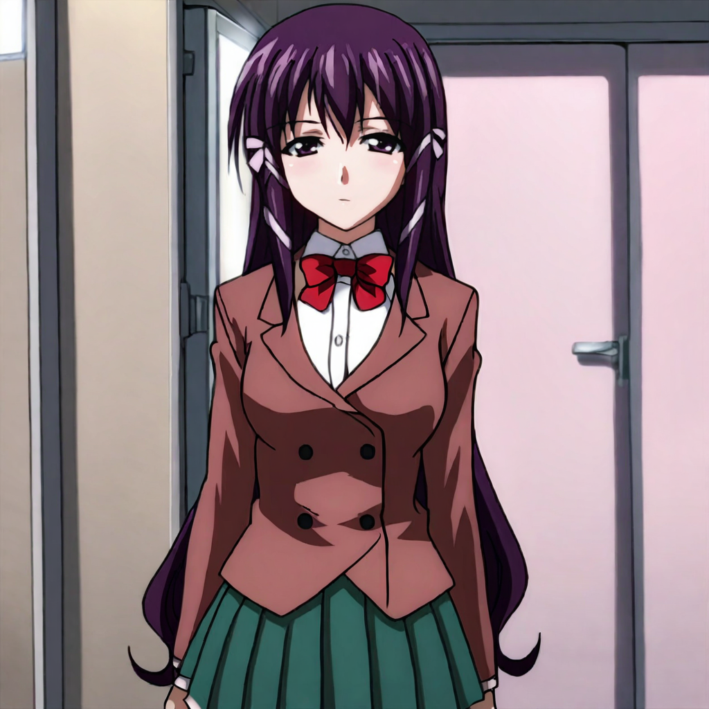 <lora:Mikako_pony_v1:.8> Mikako, 1girl, school uniform, pleated skirt, shirt, purple hair, bow, jacket, blazer, hair ornament, purple eyes, bowtie, hair ribbon, green skirt, cowboy shot