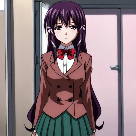 <lora:Mikako_pony_v1:.8> Mikako, 1girl, school uniform, pleated skirt, shirt, purple hair, bow, jacket, blazer, hair ornament, purple eyes, bowtie, hair ribbon, green skirt, cowboy shot