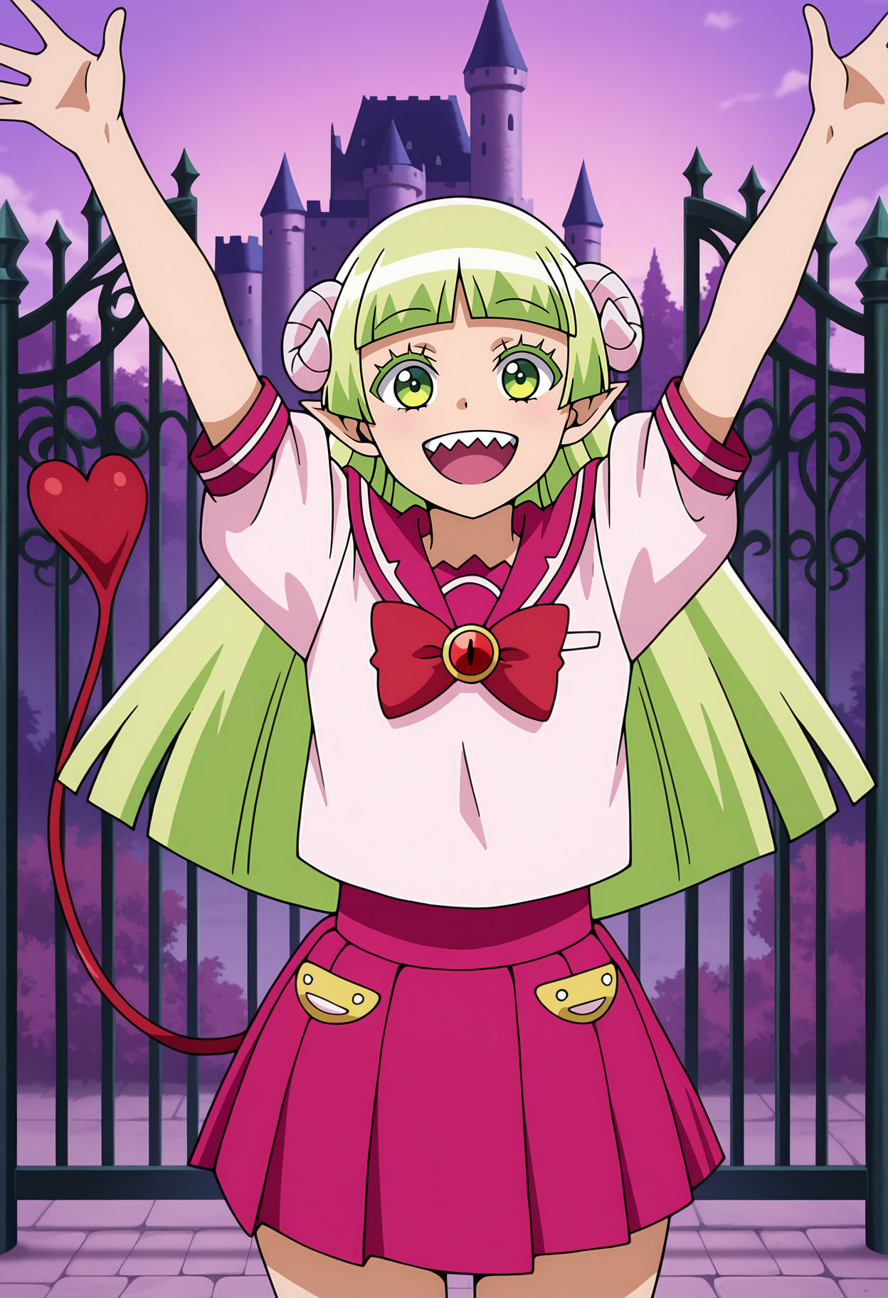 anime screencap, masterpiece, best quality,
<lora:MairimashitaIruma-Kun_ValacClara_IlluXL:0.9>,
1girl, solo, smile, open mouth, sharp teeth, upper teeth only,
blunt bangs, long hair, green hair, green eyes, pointy ears, curled horns, colored eyelashes, demon tail,
pink sailor collar, red bowtie, white shirt, puffy short sleeves, pleated skirt, pocket, pink skirt,
arms up, standing, looking at viewer, cowboy shot,
outdoors, purple sky, gate, castle