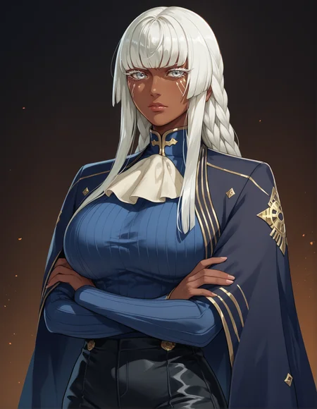 score_9, score_8_up, score_7_up,score_6_up  source_anime,1girl,huge breasts, brigitta, blunt bangs, white hair, sidelocks, white eyes, dark-skinned female, hime cut, braid,facial mark, colored eyelashes, long hair, white ascot, black cape, blue ribbed shirt,black pants,crossed arms, annoyed
  <lora:brigitta-metaphor refantazio-koto-PonyXL 2:1>