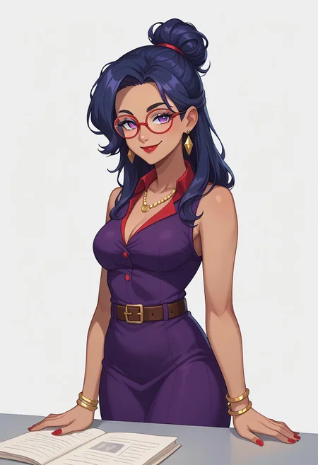 score_9, score_8_up, score_7_up, score_6_up, CasGAC, masterpiece, best quality, detailed eyes, detailed face, perfect eyes, high detailed, absurdres, highres, BREAK 1girl, woman, mature, solo, smug, closed mouth, medium breasts, makeup, red lipstick, black eyebrows, dark blue hair with single red strand at right side, violet eyes, red-rimmed round glasses, dark violet dress with red diagonal wide stripes, silver double bracelet on her hands, red manicure, orange fur around her shoulders and neck, ochre wide belt with silver buckle on her waist, BREAK right hand holding a silver table, right hand holding a silver pad, left hand on her waist, looking at viewer, standing, cowboy shot, BREAK simple background, white background