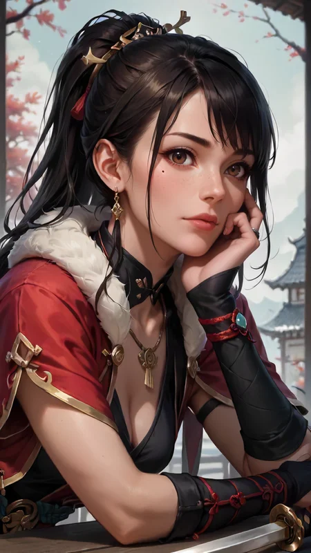 concept art, dark theme, low light, ((score_9), score_8_up, score_7_up), score_6_up, score_4_up, score_5_up, 1girl, solo, weapon, sword, brown eyes, jewelry, freckles, brown hair, looking at viewer, mole, long hair, lips, earrings, mole under eye, head rest, blurry background, portrait, blurry, closed mouth, weapon on back, hand on own face, necklace, fur trim, ring, black hair, katana, upper body, ponytail, sheathed, bangs, sheath, realistic, day, bridal gauntlets, <lora:sinfully_stylish_SDKL:0.8> <lora:Concept Art DarkSide Style LoRA_Pony XL v6:0.8>