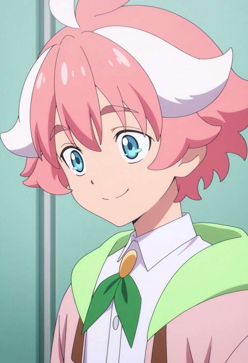 masterpiece,best quality,amazing quality, source_anime,
ItsukiMitsutagawa, 1boy, male focus, solo, blue eyes, multicolored hair, pink hair, white hair, shirt, white shirt, collared shirt, ribbon, neck ribbon, green ribbon, jacket, pink jacket, hood, green hood, open jacket, smile,