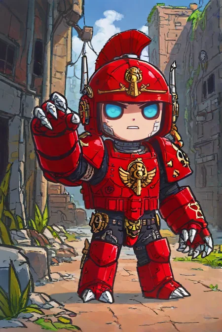score_9,score_8_up,<lora:Turbo_XL:1>,<lora:Xinzoruo:1>,chibi,helmet,adeptus astartes,warhammer 40k,post-apocalypse,ruins,abandoned city background,mecha claws,gauntlets,, maximum details