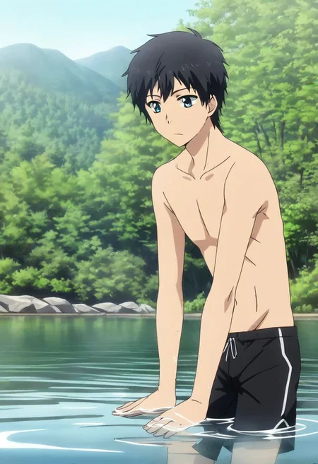 high resolution, solo, best quality, 1Boy, Arata Kaizaki, Black Hair, Blue Eyes, swimming, natural lake, clear water, shirtless, shorts, sixpack, twilight, OverallDetail