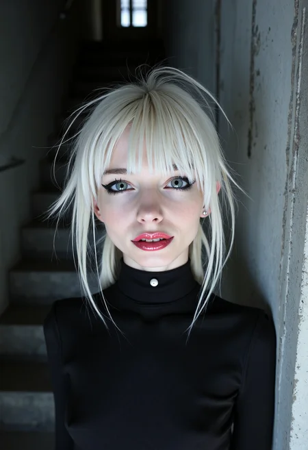 Editorial portrait photo depicting thin italian 1girl, 23yo, with breathtaking grey protruding eyes and full lips with a shy smirk. She has messy white low twintails hair and goth makeup featuring shades of white and bold eyeliner with glossy lipstick, together with earrings. Set in a brutalist stairwell structure, with abstract architecture and concrete walls, on a dark clear midnight in autumn. With soft side-lighting, bloom, 4k <lora:flux_skinny_slider>