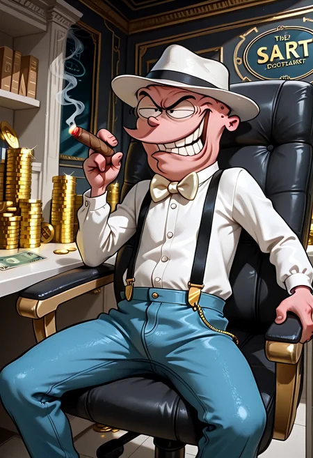 masterpiece, absurdres, highest quality, highly detailed, source_cartoon, 1boy, solo, eddyboy, sc4m,fancy suit, suspenders, blue jeans, white brimmed fedora, bowtie, grinning, smoking cigar, executive desk, sitting on chair with legs on desk, stacks of cash, dollars, bank interior, money, gold coins,