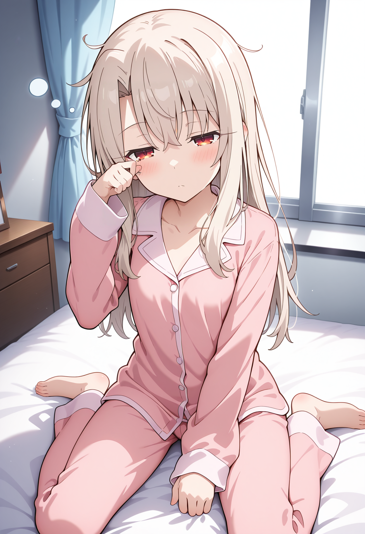 fate/kaleid liner prisma illya, aaillya, long hair, blonde hair, red eyes, <lora:illyasviel_von_einzbern_prsima_ilxl_v1:0.9>, on bed, sleepy, half-closed eyes, pajamas, wariza,
, ultra-detailed, masterpiece, newest, best quality