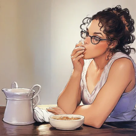 score_9, score_8_up, score_7_up, score_6_up, source_cartoon, illustration, 1girl, solo, she is wiping her mouth, wiping with fingers, clothed, food, cup, glasses, after meal, flirty, white background, in the style of Milo Manara