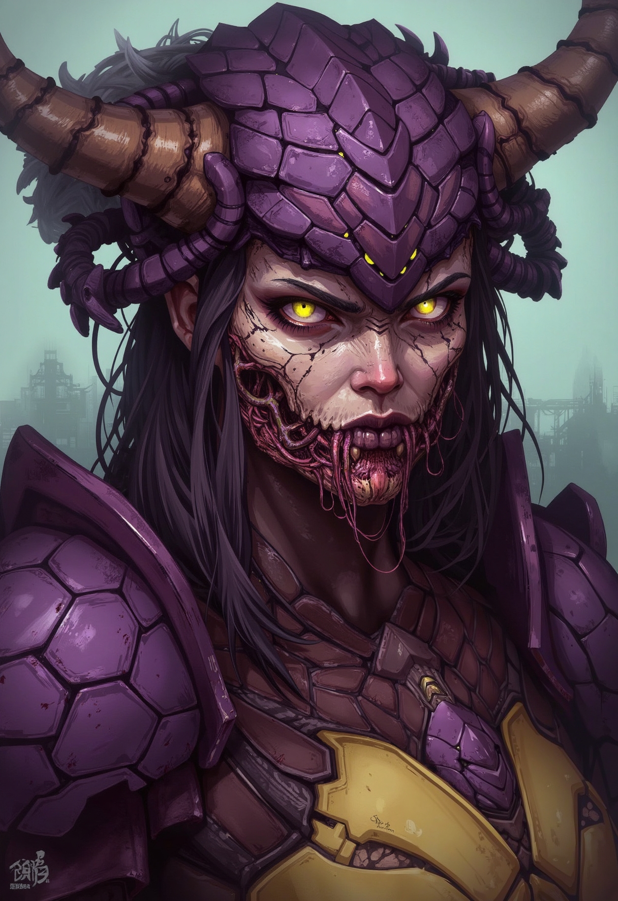 A digital painting portrait in the style of ck-js, featuring a regal yet terrifying female Zerg-inspired character. Her head and shoulders are adorned with thick, overlapping chitinous carapace plates in deep purples and leathery browns, forming a menacing crown or pauldrons. Strands of fleshy membranes or exposed sinew might frame her face or neck. Her eyes glow with a sickly yellow-green bio-luminescence. Her expression is cold, predatory, and intelligent. Focus on the intricate organic detail, her imposing presence, and the unsettling fusion of biology and power.